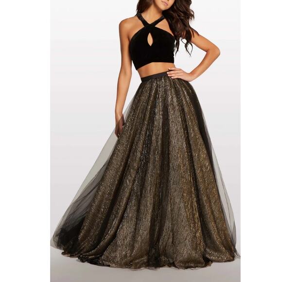 Alyce Dresses & Skirts - ALYCE PARIS STARRY NIGHT Black Gold Kalani Halter Top Velvet Prom Gown Size S